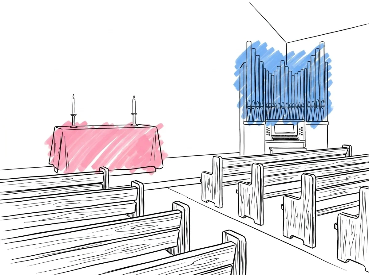 Interiör av liten svensk kyrka med träbänkar, altare med ljus och orgel i bakgrunden