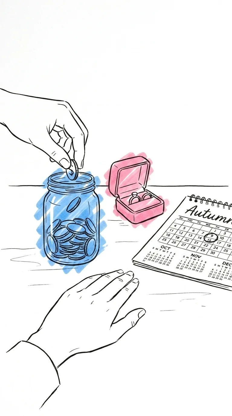 Hand som lägger mynt i en glasburk, med ringask och kalender som visar höstmånader bredvid