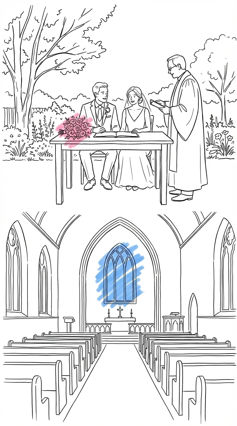 Delad illustration: utomhusceremoni i trädgård ovan, kyrkointerior med bågfönster nedan