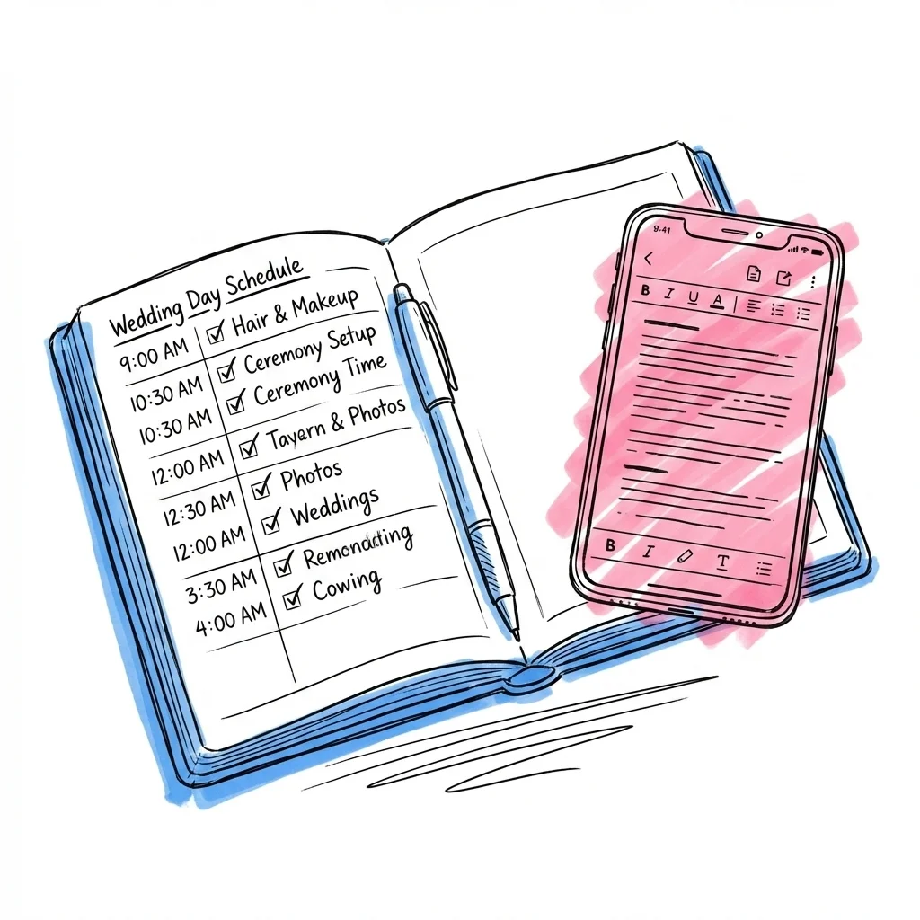 Planeringsbok med bröllopsschema och telefon med dokumentapp