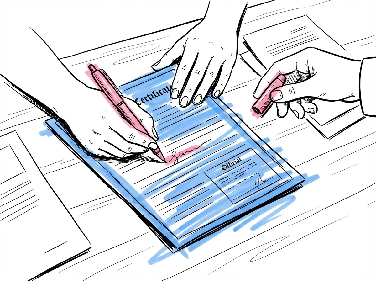 Händer som signerar ett dokument på ett bord med penna