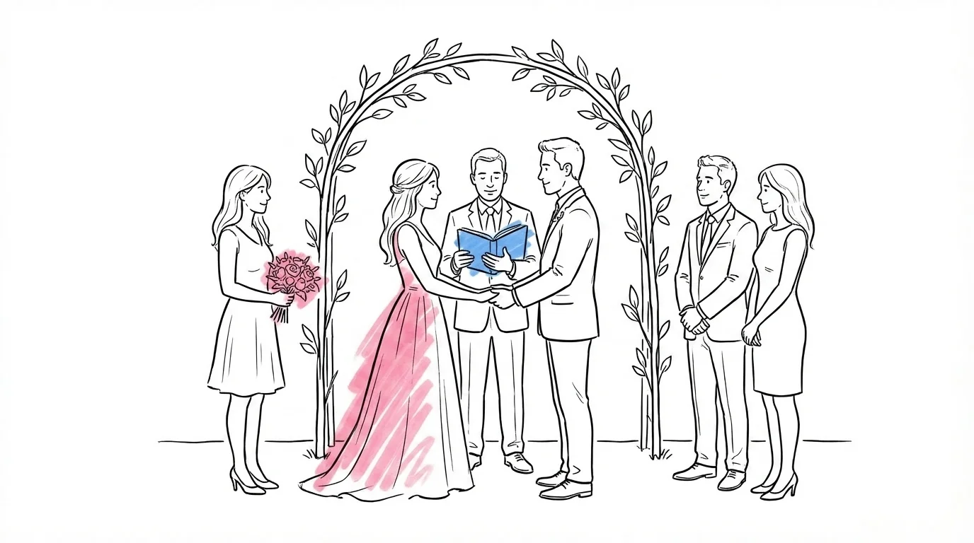 Par som står ansikte mot ansikte vid en ceremonibåge under vigselhandlingen