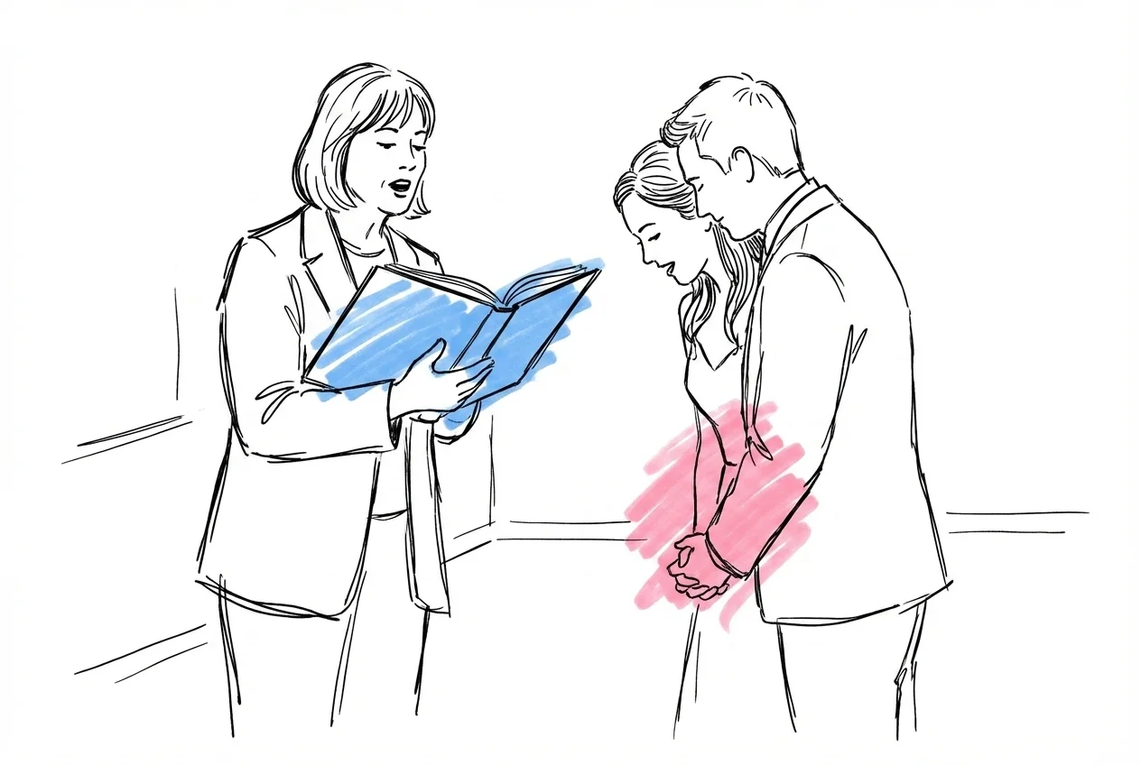 Vigselförrättare med öppen bok talar till ett par under vigselhandlingen