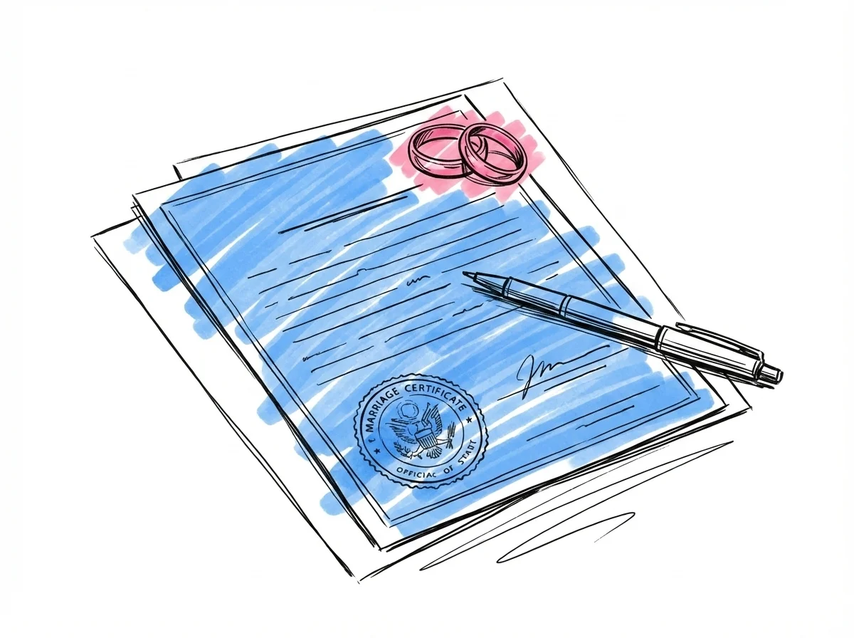 Flat lay av bröllopsdokument med stämplar, en penna och två vigselringar