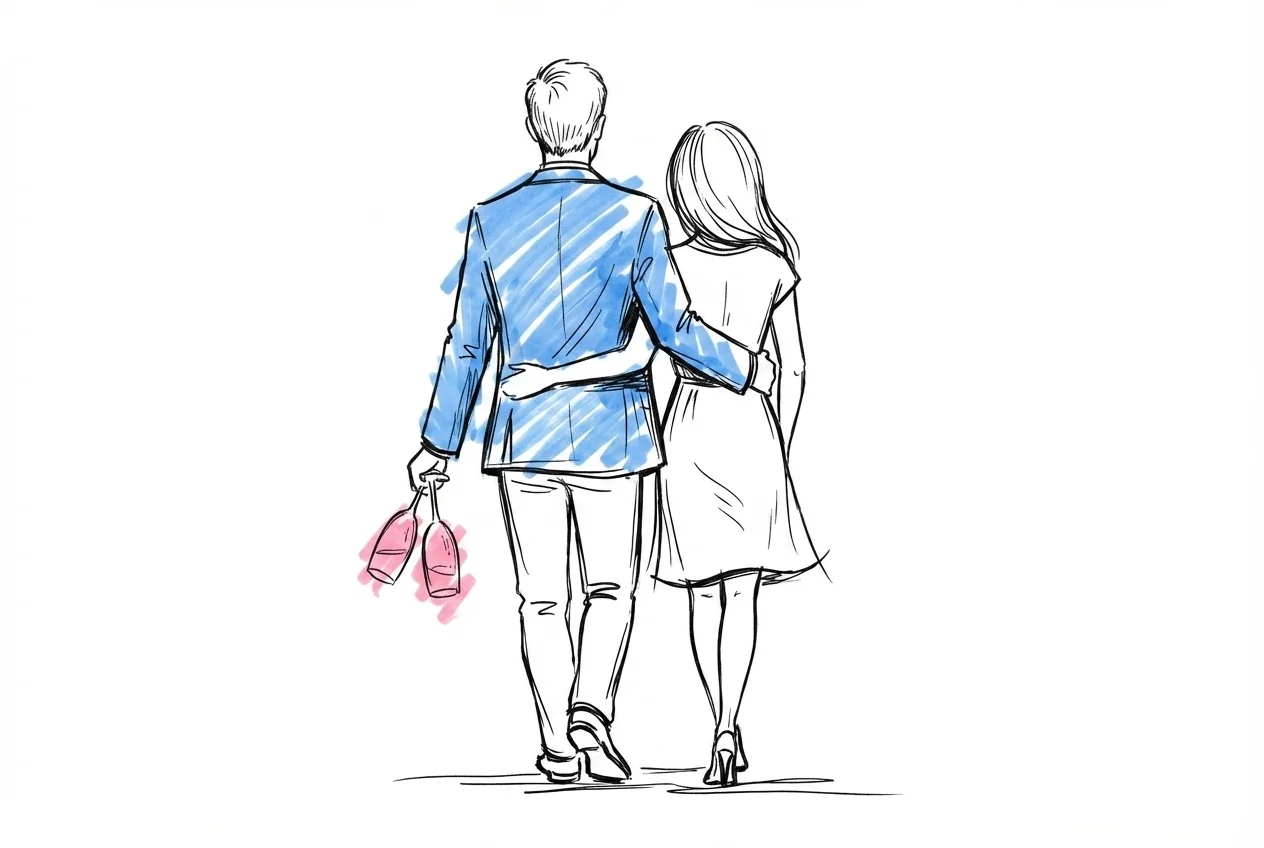 Par som promenerar iväg tillsammans efter vigselhandlingen med champagneglas i hand