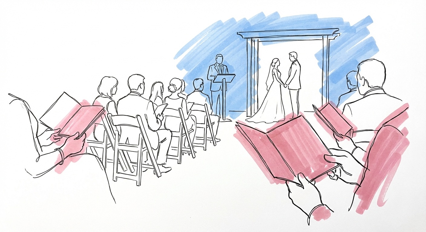 Vigselprogram bröllop i händerna på gäst under ceremoni