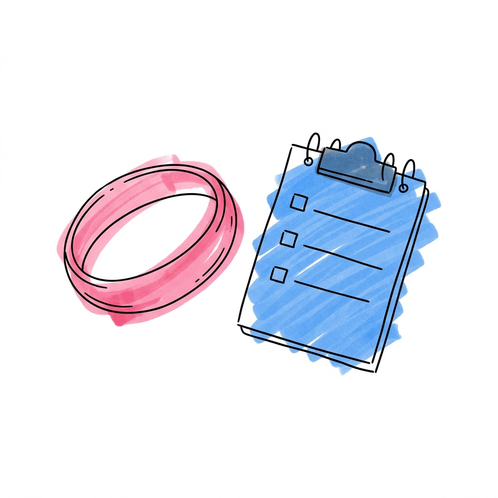 Vigselring bredvid ett litet anteckningsblock med checklisterader — symboliserar planering