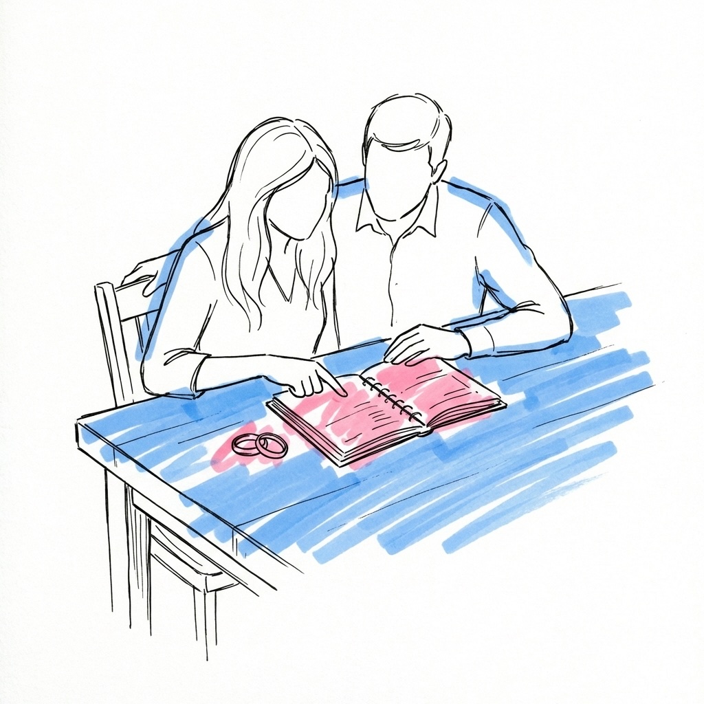 Ett par granskar en budgetplanerare vid ett bord med två ringar bredvid anteckningsblocket