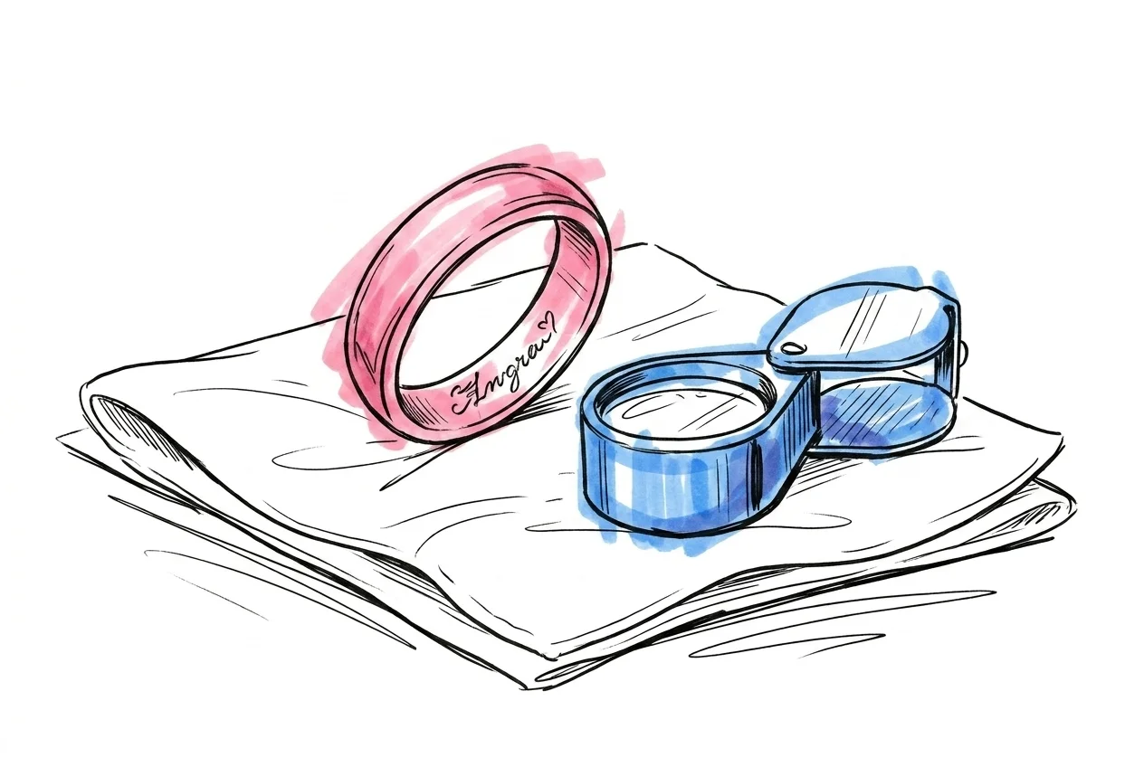 Insidan av en ring med en liten graverad inskription \u2014 h\u00e5llen i vinkel f\u00f6r att visa texten