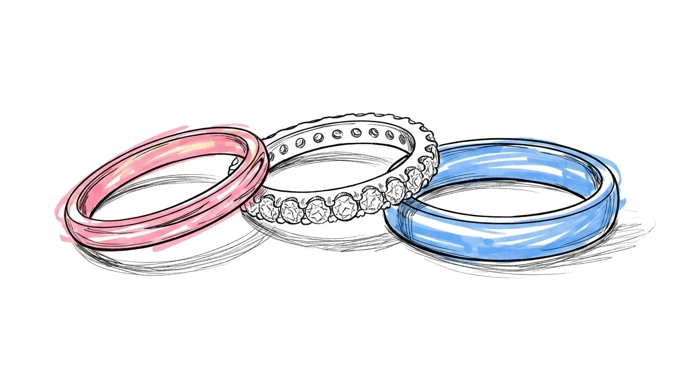 Tre eleganta damvigselringar p\u00e5 en enkel yta \u2014 en smal guldring, en med sm\u00e5 diamanter, en i platina