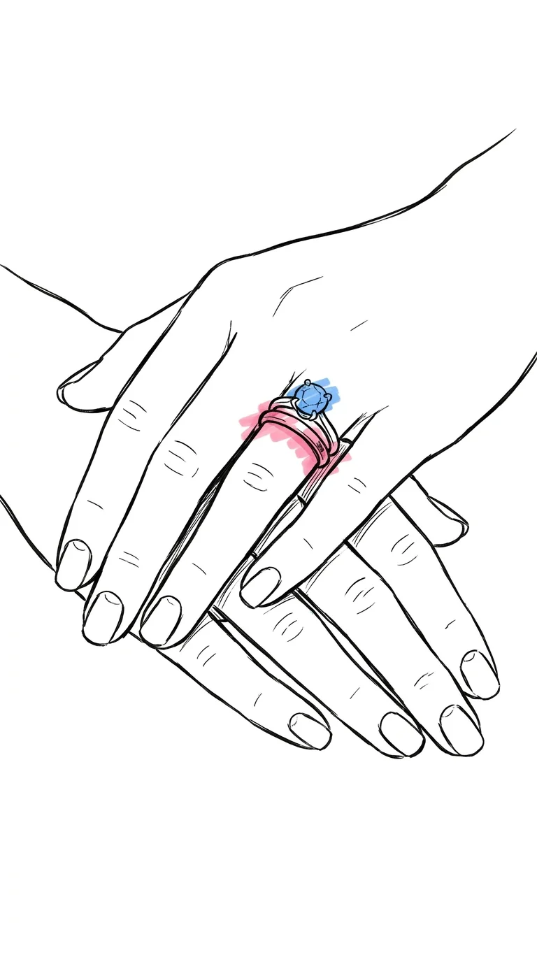 Kvinna b\u00e4r en stapel ringar \u2014 f\u00f6rlovningsring med solit\u00e4rsten och matchande smal vigselring