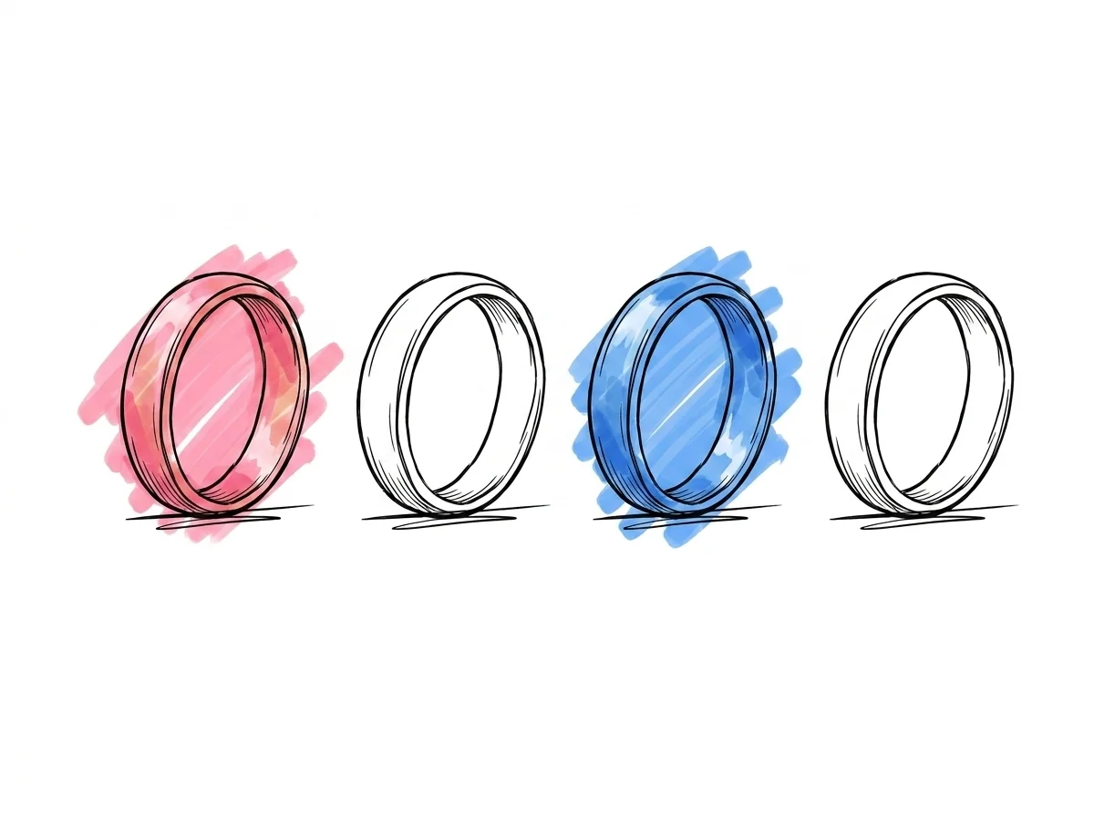 Fyra damvigselringar sida vid sida i r\u00f6dguld, vitguld, platina och titan \u2014 materialj\u00e4mf\u00f6relse