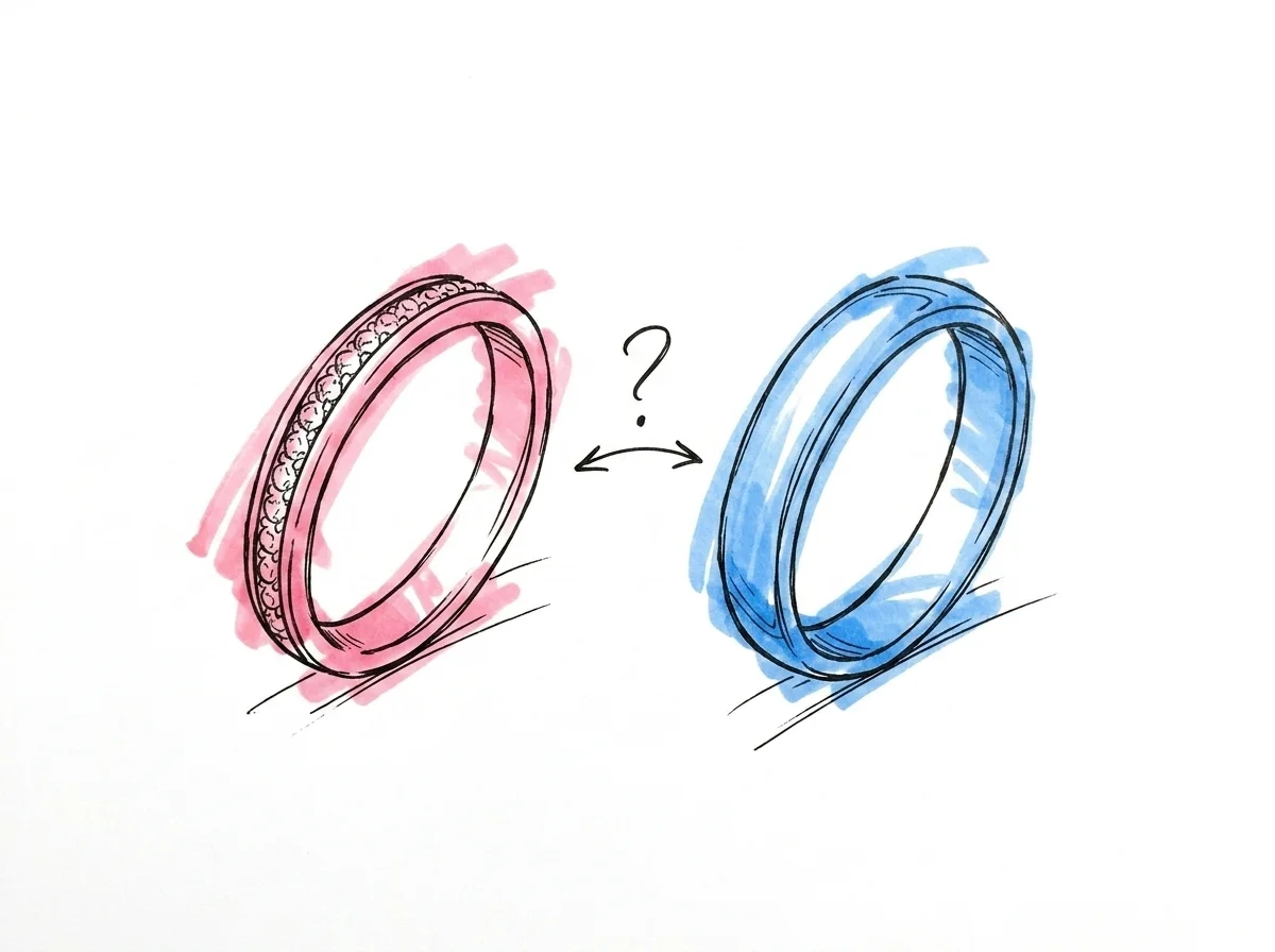 Tv\u00e5 ringar sida vid sida \u2014 en med sm\u00e5 diamanter och en sl\u00e4t ring \u2014 j\u00e4mf\u00f6relse