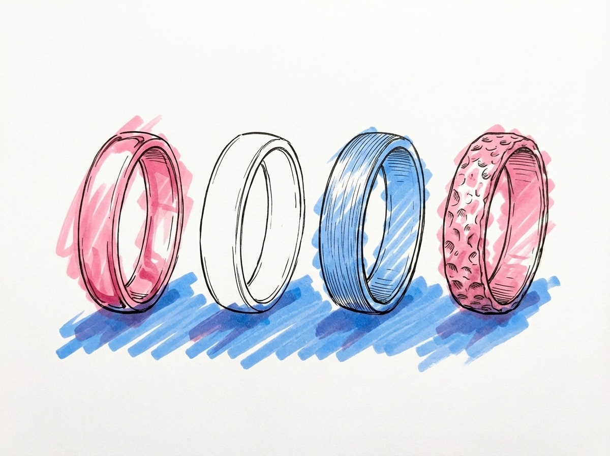 Närbild av ringytor som visar polerad, matt, borstad och hamrad finish