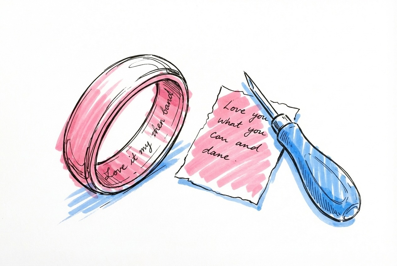 Öppen ring med graverad text på insidan, bredvid en papperslapp med handskriven text och ett gravyrverktyg