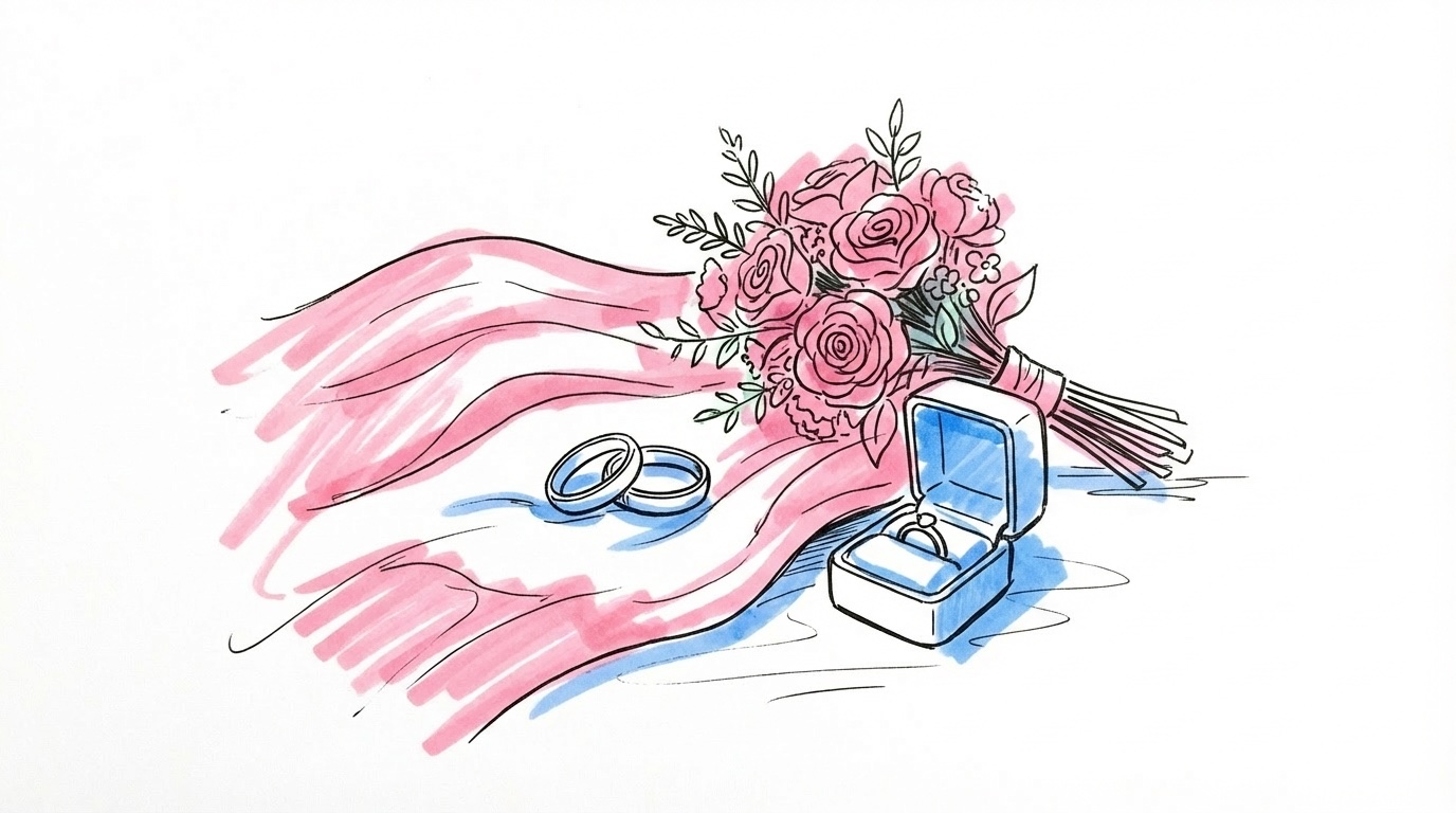 Två vigselringar vilande på mjukt tyg bredvid en liten bukett och en ringask