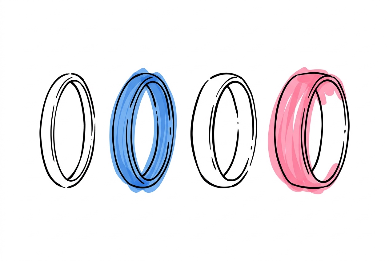 Fyra vigselringar i olika bredder — från smal till bred — som representerar silver, guld, vitguld och platina
