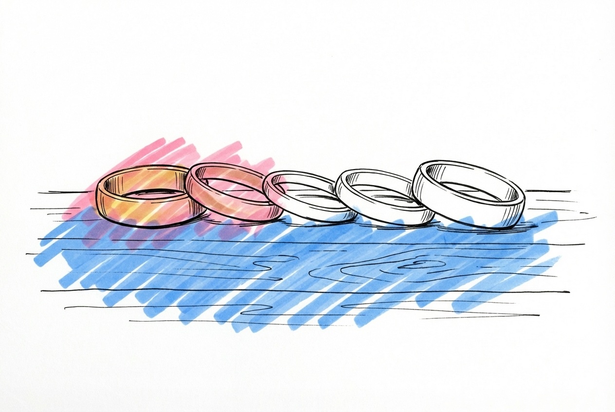 Fem vigselringar i olika toner uppradade sida vid sida på en träyta