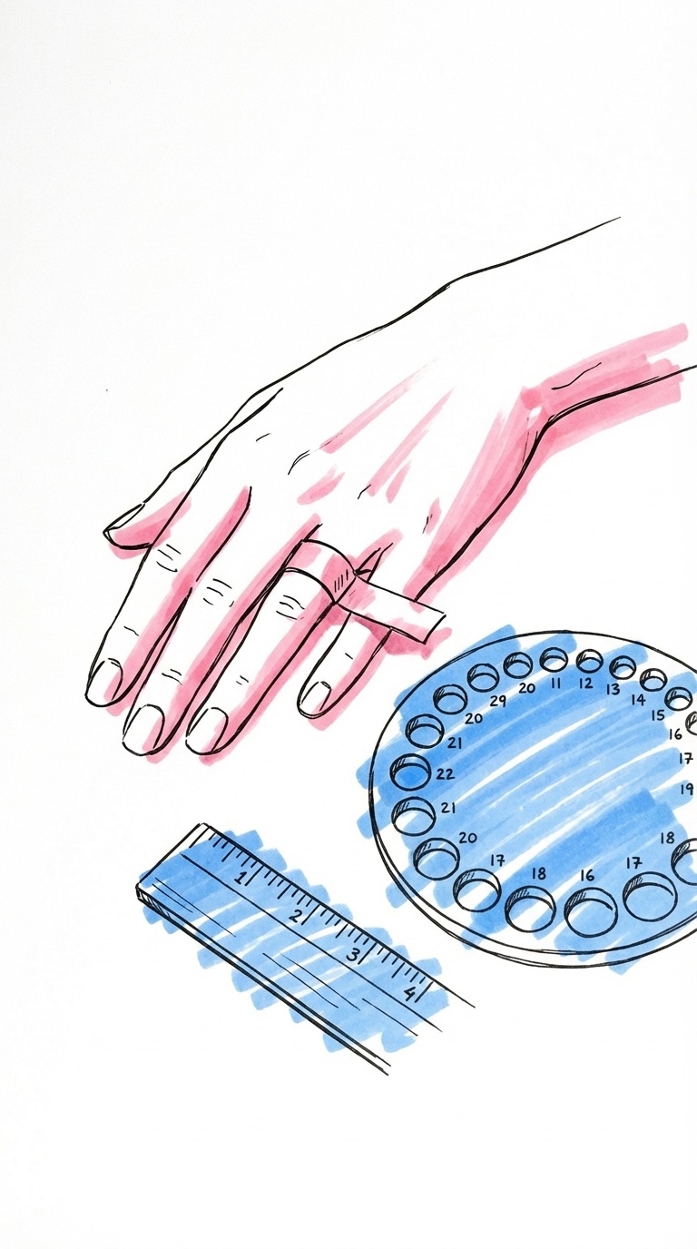 En hand med pappersremsa runt ringfingret bredvid en linjal och ett ringmätverktyg