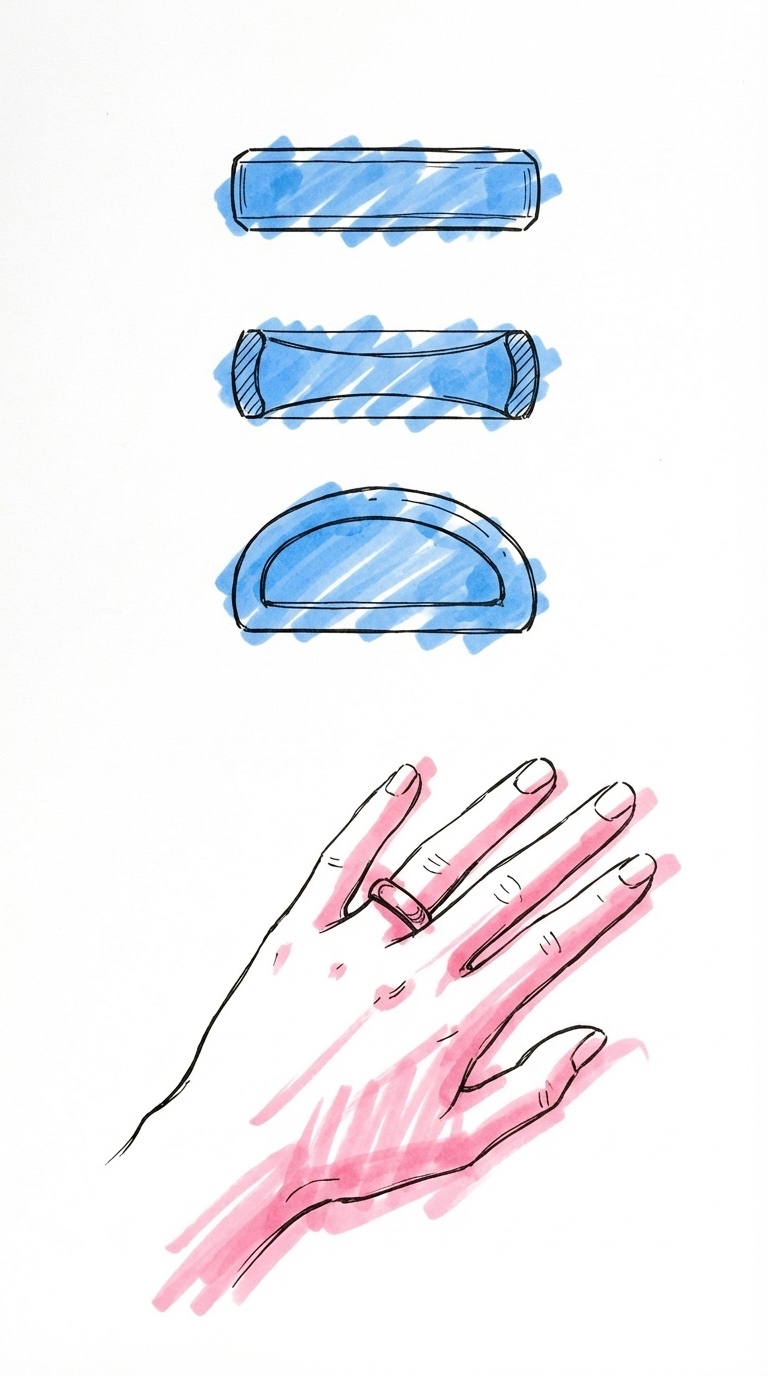 Tvärsnittsritningar av ringar som visar platt, rundad och D-profil med en hand som provar en ring