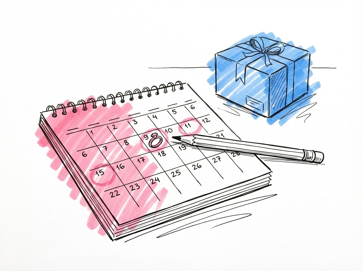 Kalenderblad med inringade datum och en ringskiss bredvid, med penna och leveransbox i bakgrunden