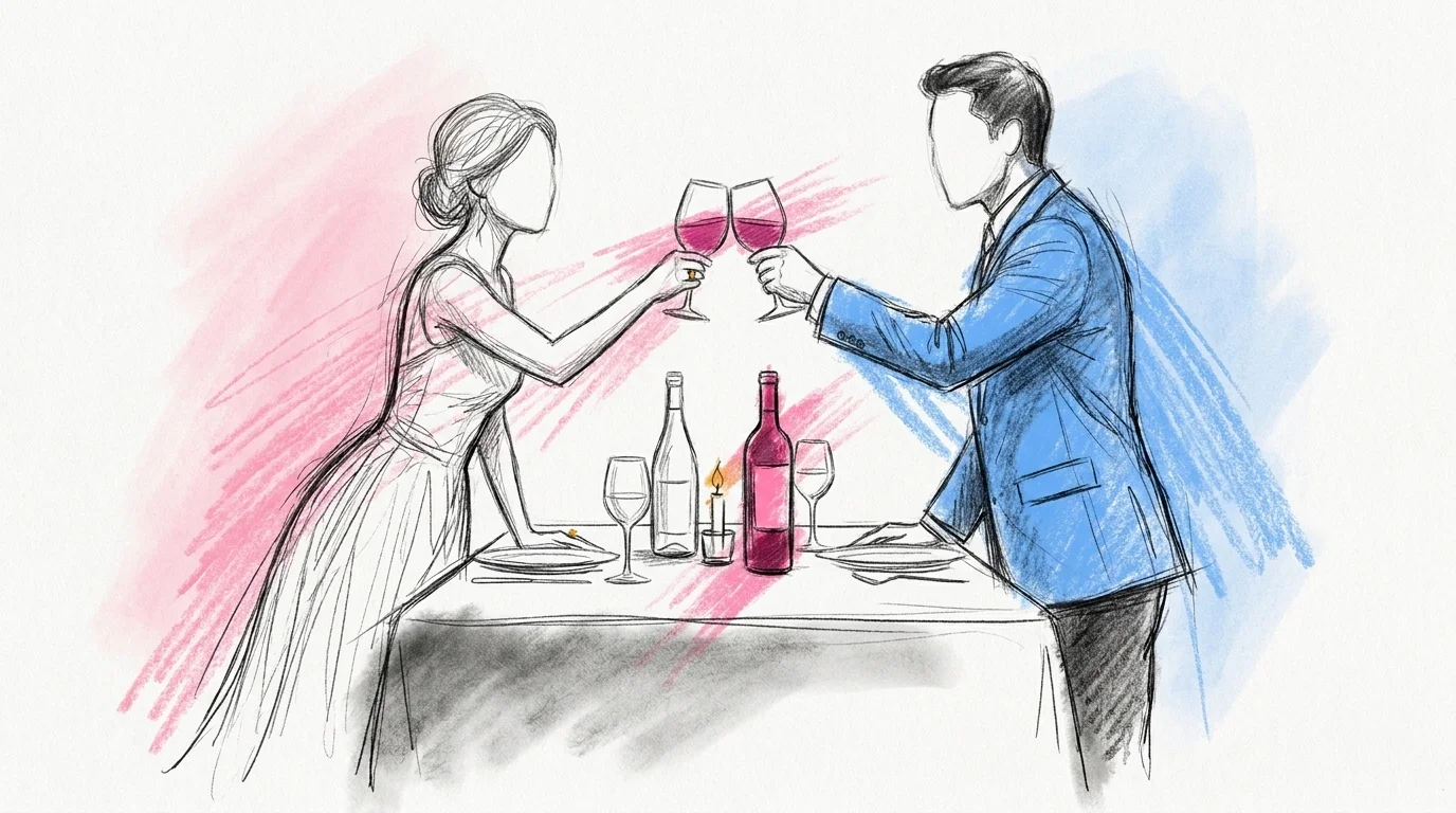 Hur mycket vin per person bröllop — ett brudpar höjer två fyllda vinglas över ett varmt dukat bord med en flaska rött och en flaska vitt mellan dem, Lovios illustrationsstil