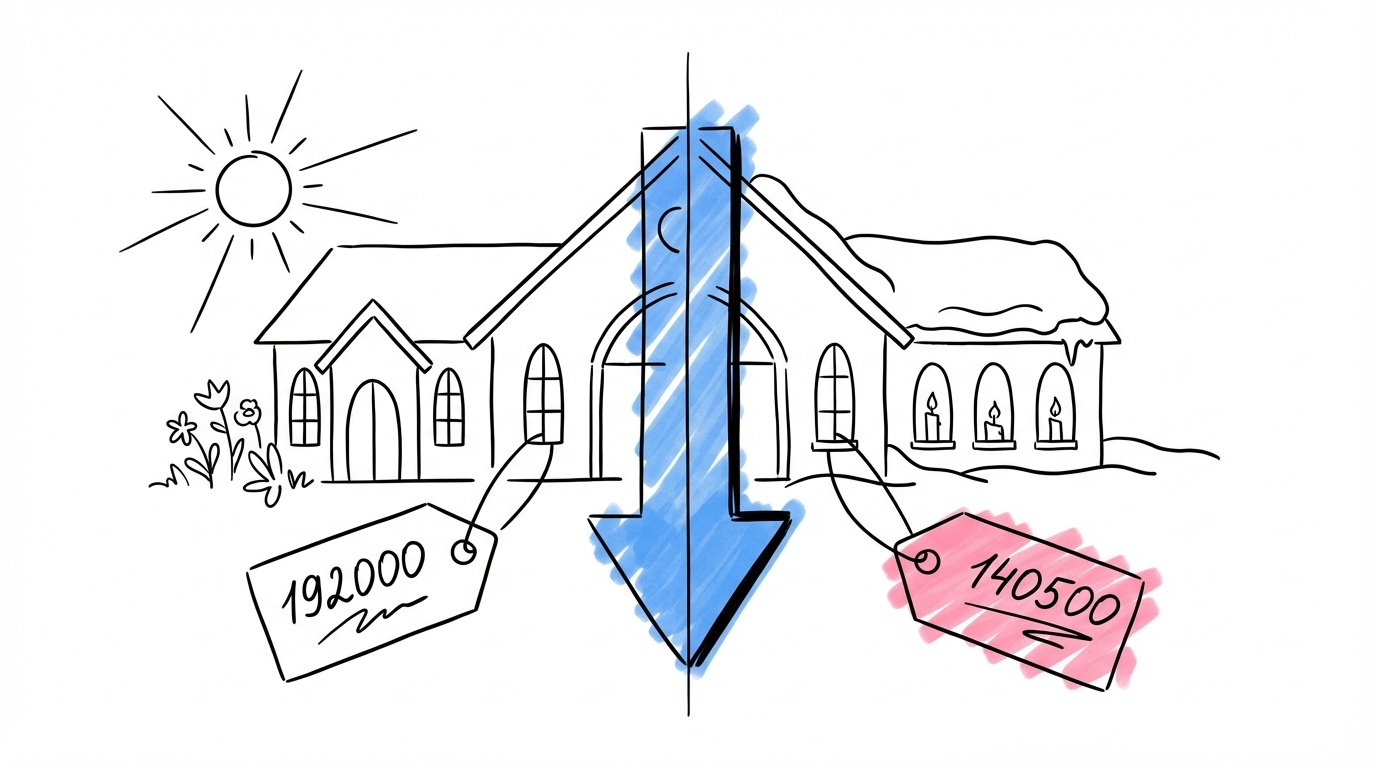 Jämförelse sommar vs vinter bröllopskostnad — samma lokal med högre och lägre prislappar