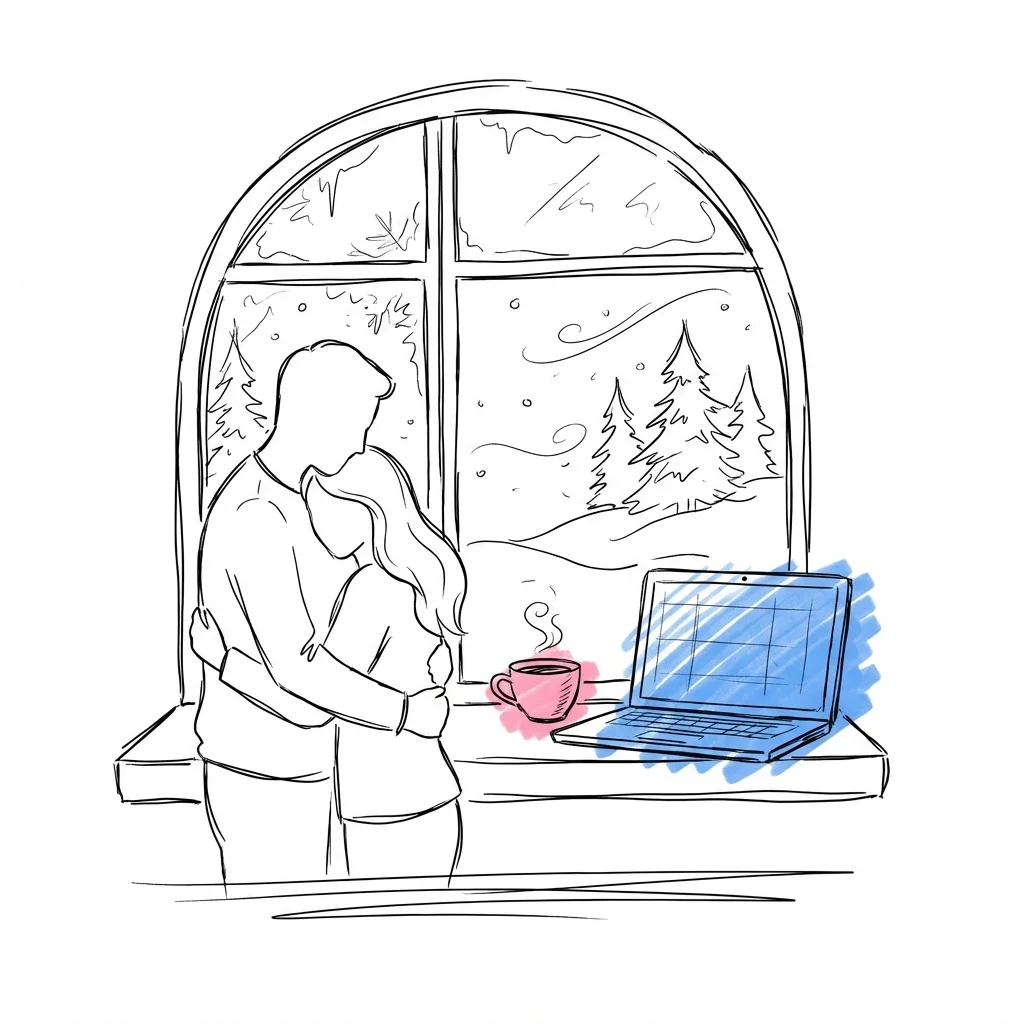 Par som omfamnar varandra framför ett frostigt fönster med vinterlandskap, laptop och kaffe på fönsterbrädan