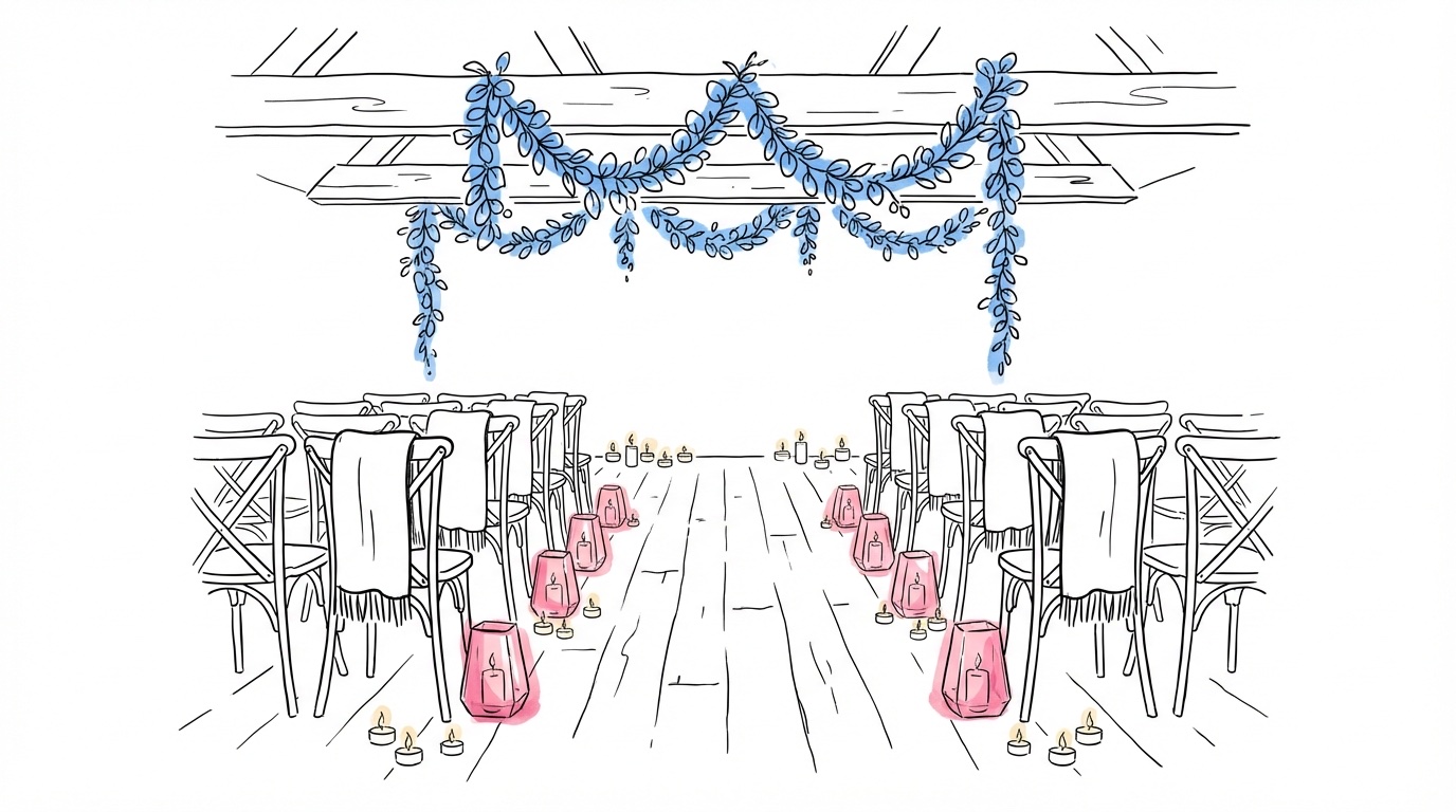 Ceremonilokal med trästolar, ullfiltar, islyktor längs gången och eucalyptusgirlanger