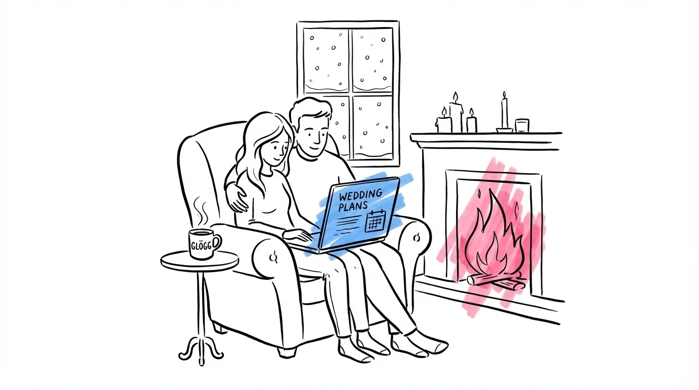 Par vid brasa planerar vinterbröllop med laptop och glögg