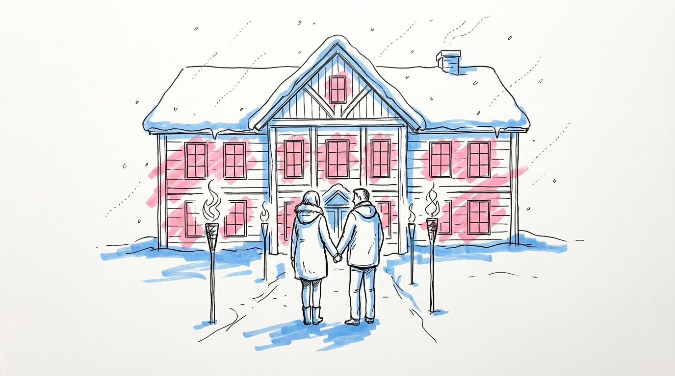 Vinterbröllop — ett par utanför en snöklädd svensk herrgård i skymningen, stearinljus i fönstren och facklor längs entrén