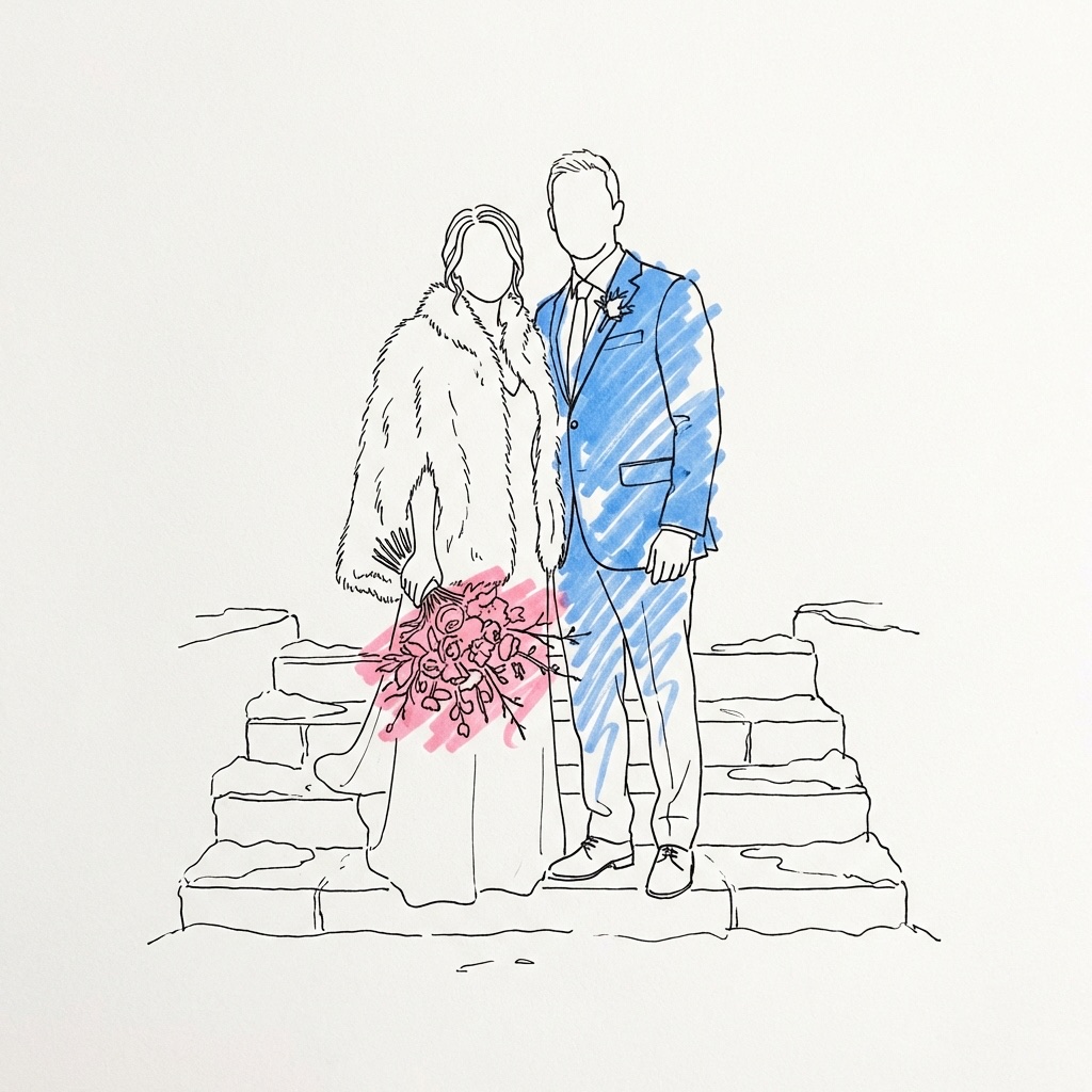 Brud i pälskappa med amaryllisbukett och brudgum i mörkblå kostym på snöklädd stentrappa