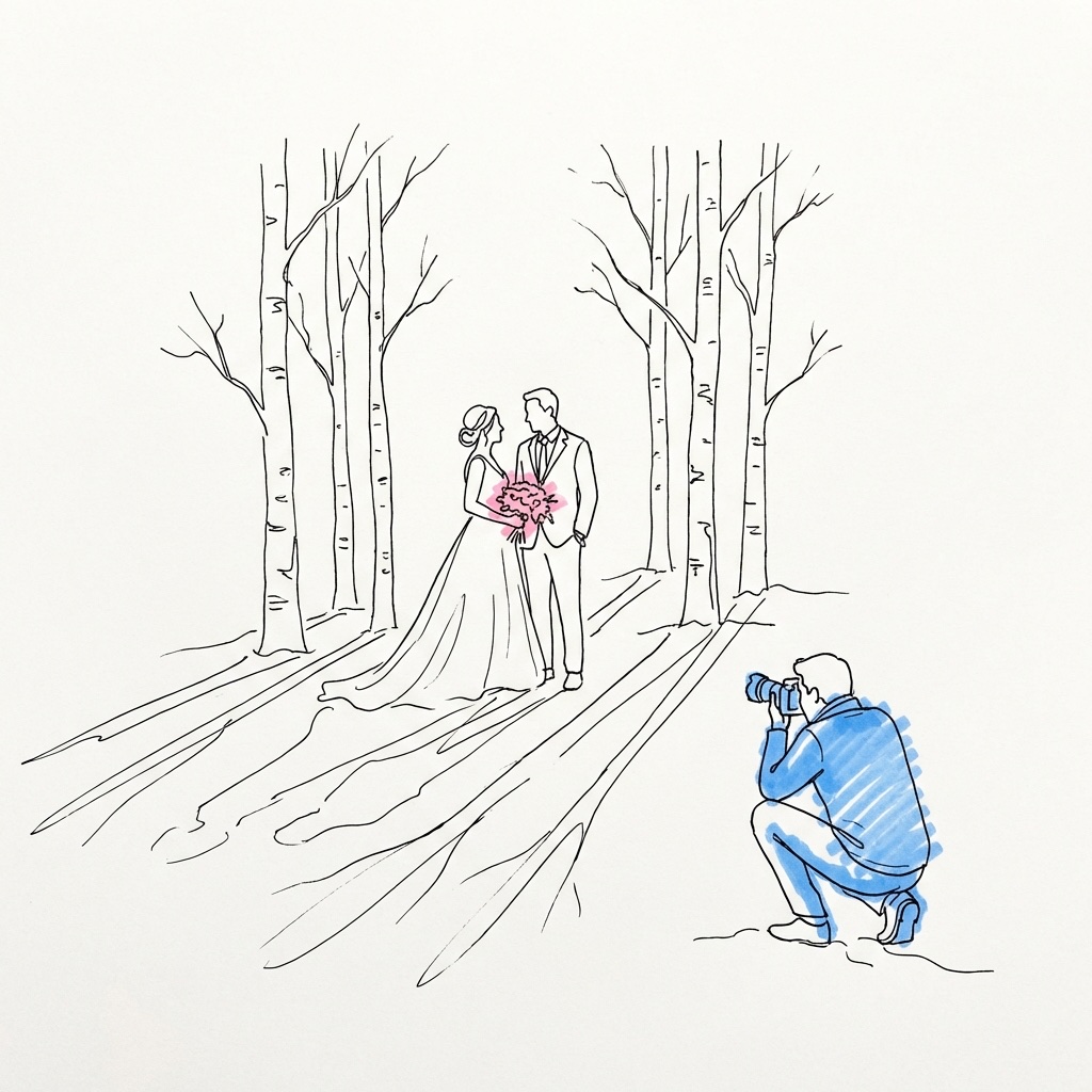 Brudpar gör first look i blått vinterljus bland snödraperade björkar, fotograf i bakgrunden