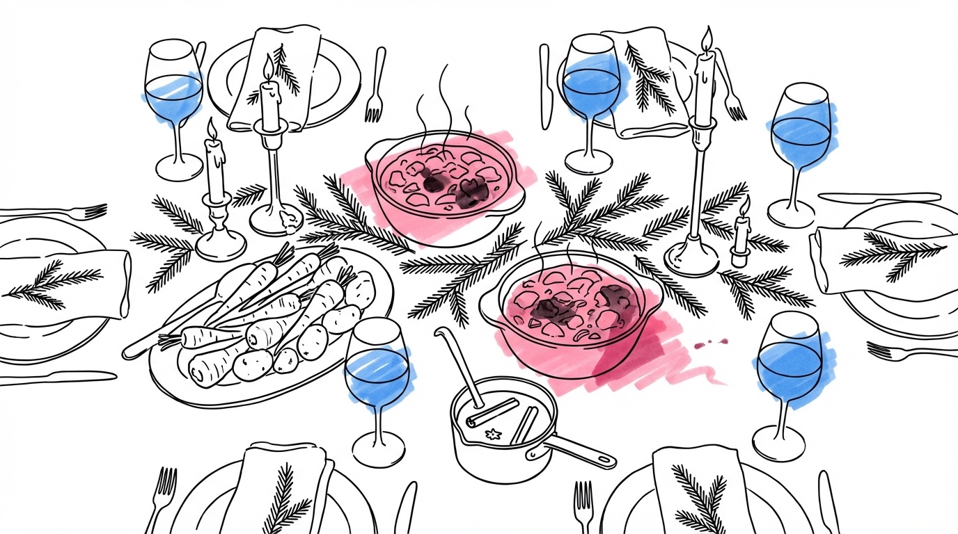 Dukat vinterbröllop-bord ovanifrån med ångande gryta, rotfrukter, stearinljus, granris och glögg