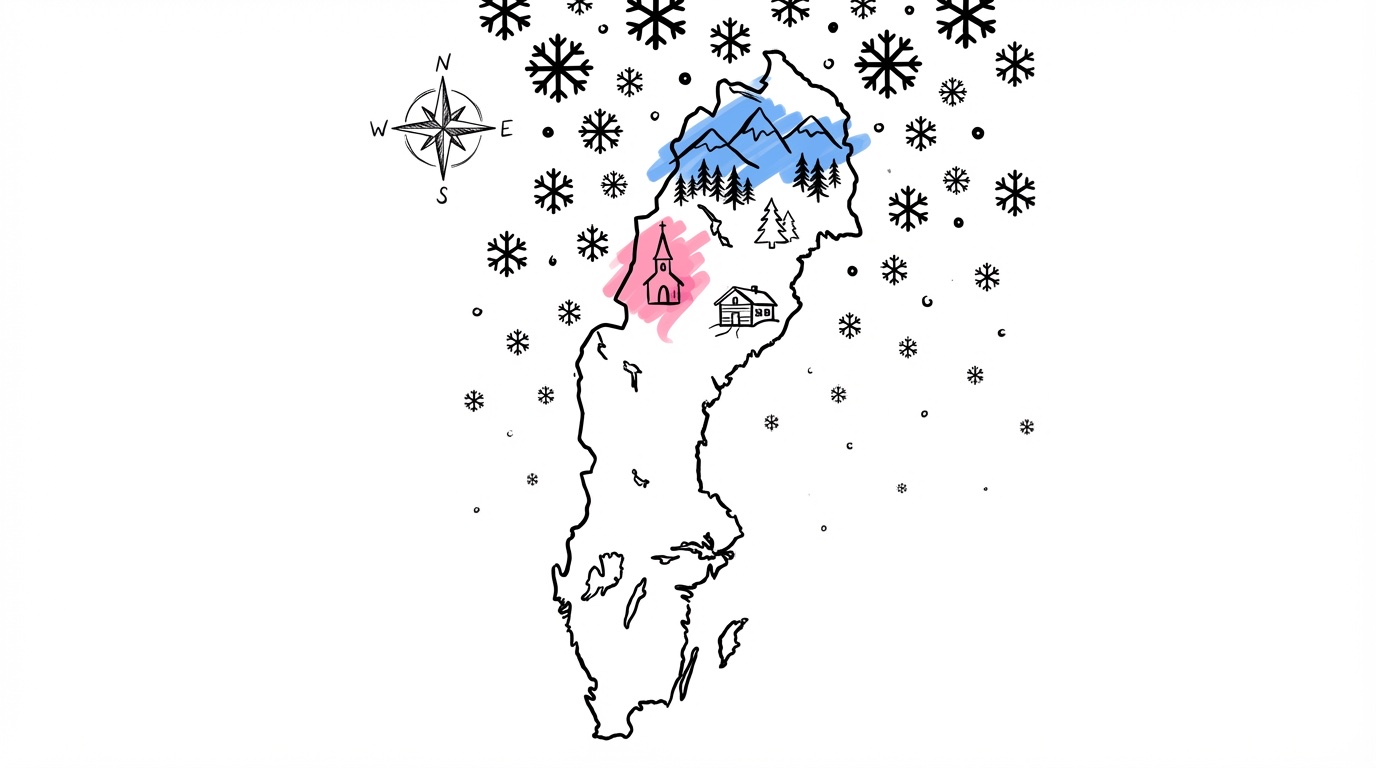 Stiliserad karta över Sverige med snöförhållanden — tung snö i norr, mindre i söder