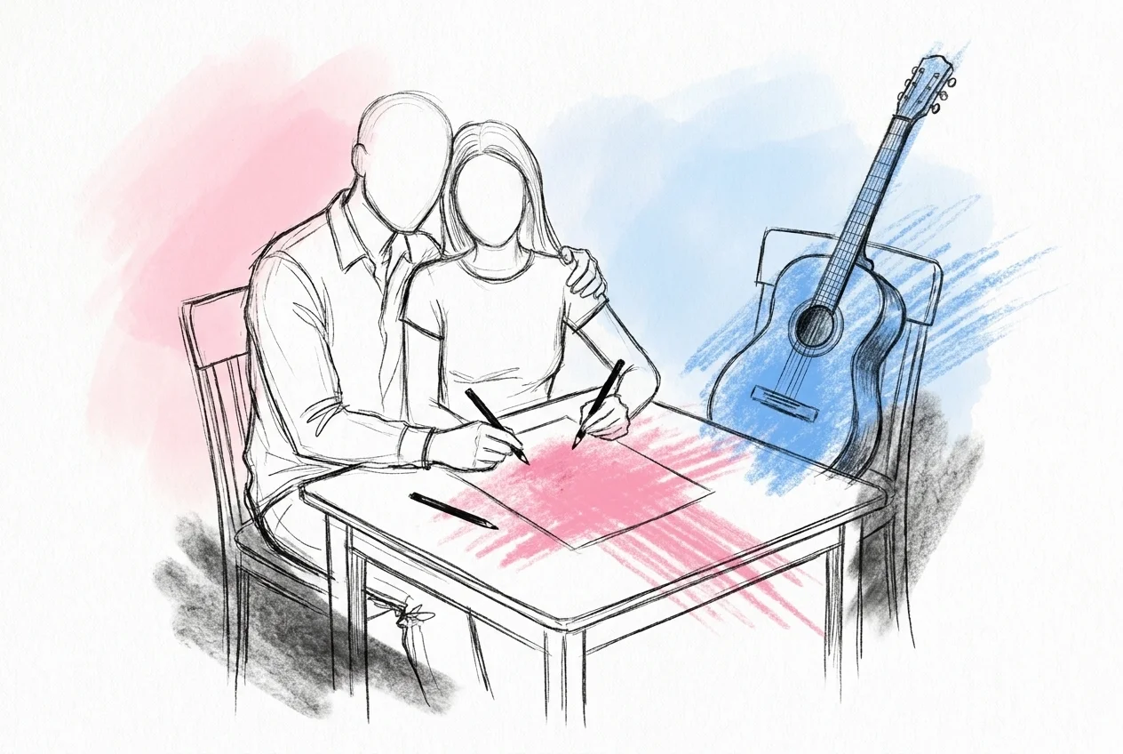 Ett par sitter och skriver en egen visa till brudparet med en gitarr i bakgrunden, i Lovios stil