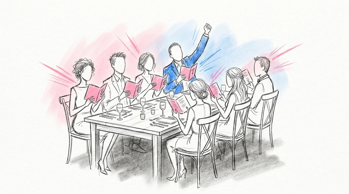 Bröllopsgäster vid ett festbord sjunger allsång ur varsitt sånghäfte under bröllopsfesten, i Lovios illustrationsstil