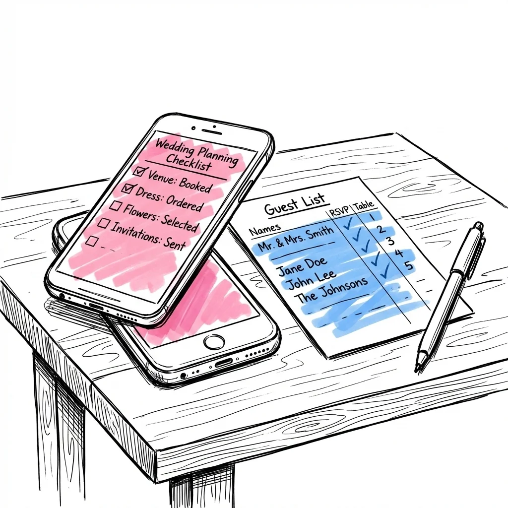 Mobilskärm med bröllopsplanering och gästlista i Lovio