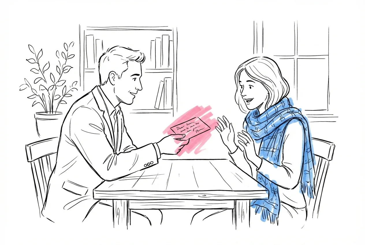 Två personer där den ena räcker över ett handskrivet kort — hur frågar man någon att vara vittne