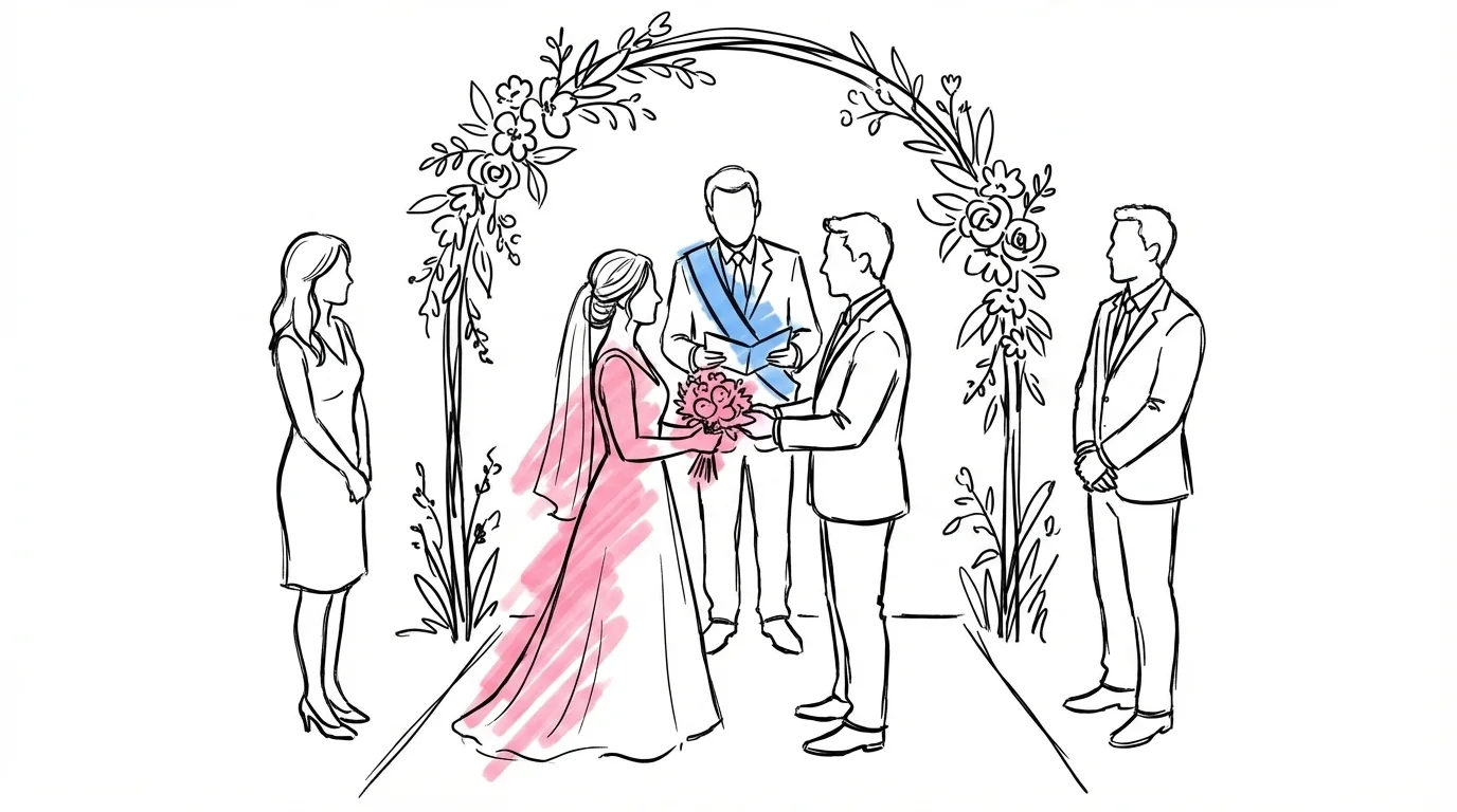Vigselceremoni med brudpar, vigselförrättare och två vittnen — vittnen vid vigsel