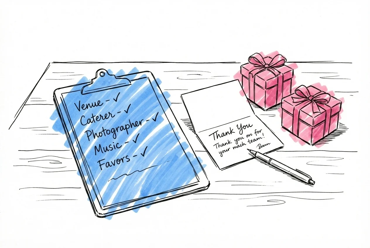 Checklista på klämmerbräde med tackkort och små presenter — tips för vittnen vid vigsel