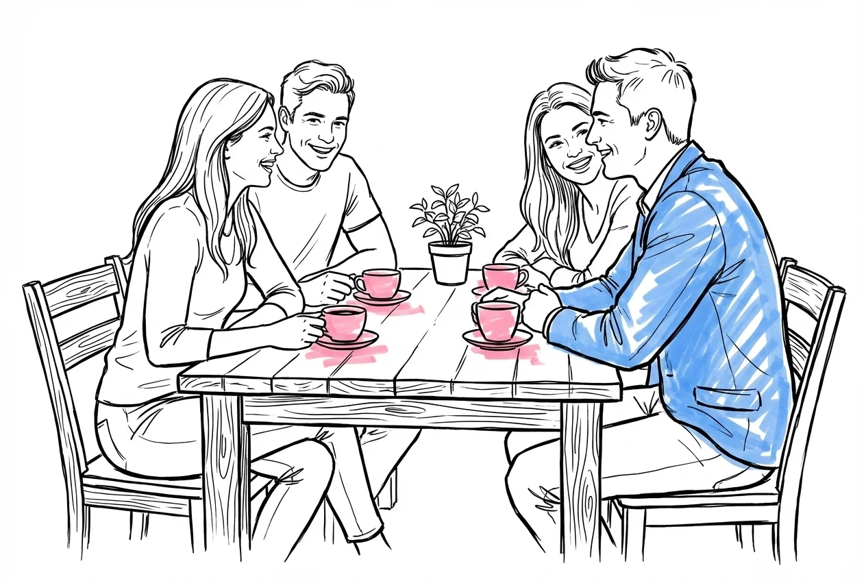 Fyra vänner som sitter vid ett cafébord och skrattar — välja vittnen vid vigsel